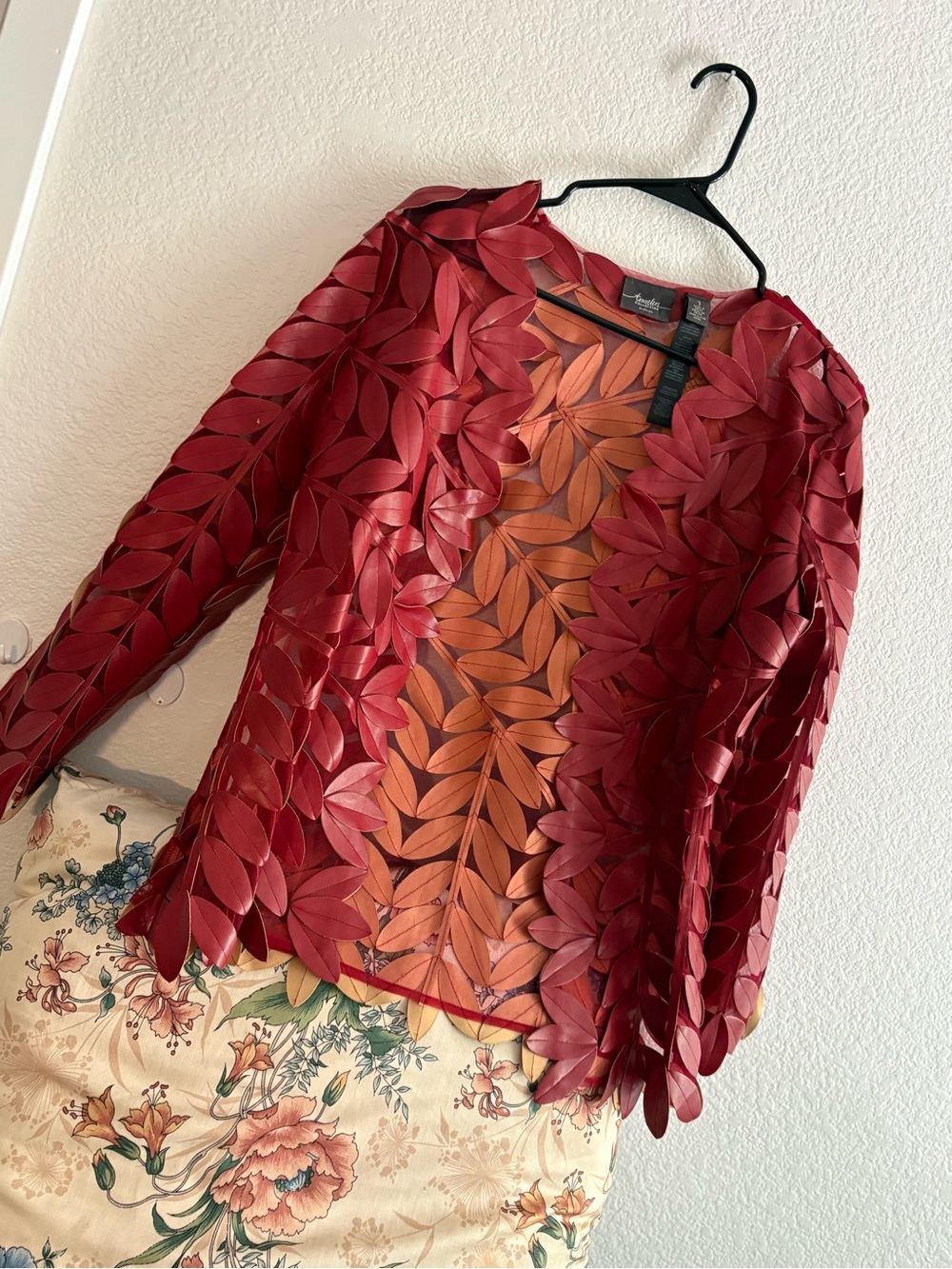 Chico's Red Leaf Appliqué Open Jacket